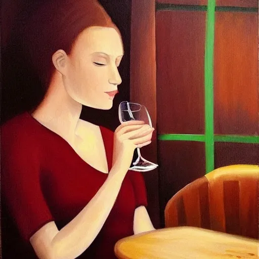 A beautiful and innocent woman drinking wine in a dimly lit ambiance at a town restaurant., Oil Painting