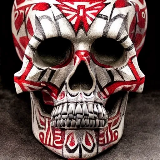 Design a hyper-realistic image of an Aztec-style skull that evokes a dark and gloomy environment. The skull must have finely sculpted details that reflect the rich iconography of Aztec culture, such as geometric patterns, natural motifs, and traditional symbols. Use dark tones and intense shadows to create a mysterious atmosphere that highlights the enigmatic character of the skull.

He adds a dramatic element to the image by making the skull bleed from its eyes, as if it were crying tears of blood. This feature will evoke a feeling of pain and suffering that contrasts with the solidity and strength of the skull design.

The hyper-realistic approach in the representation of the skull will highlight the fine details and textures of the work, as well as the flow of the tears of blood, creating a visually captivating and moving piece that captures the essence of Aztec art in a dark and emotional context. intense