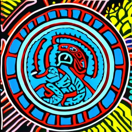 
aztec serpent, with neon blue red and black colors