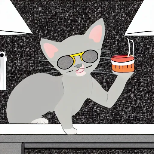 a  young light gray kitten with sunglasses on cooking on a stove, Cartoon