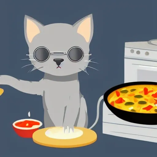 a  young light gray kitten with sunglasses on cooking on a stove, Cartoon