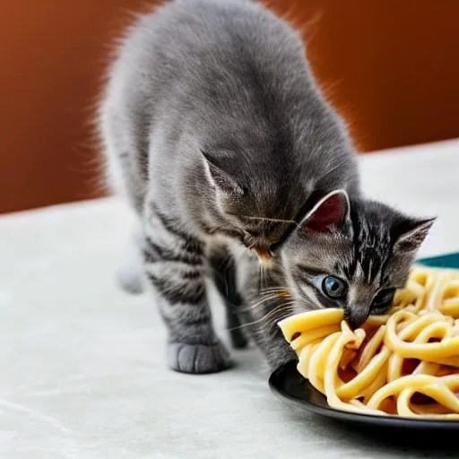 a  young light gray kitten with sunglasses slurping up pasta on top of a cloud
