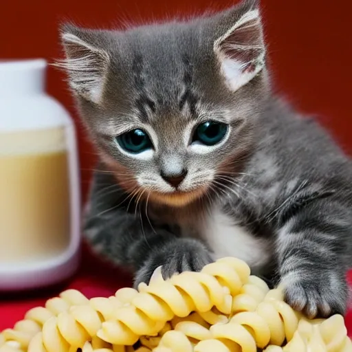 a  young light gray kitten with sunglasses slurping up pasta on top of a cloud
