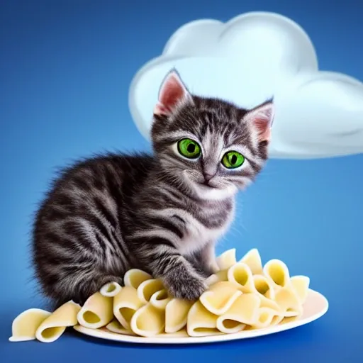 a  young light gray kitten with sunglasses slurping up pasta on top of a cloud
, Cartoon