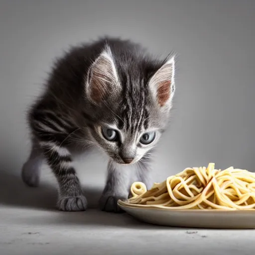 a  young light gray kitten with sunglasses slurping up pasta on top of a cloud
, Cartoon