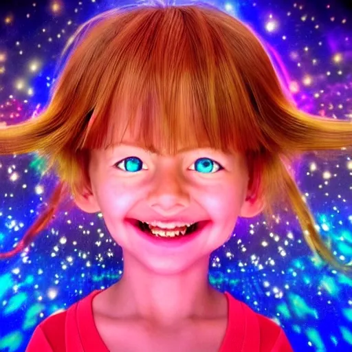 child smile,glowing ,colloid luminescence,full body shot,highly detailed ,delicate picture,cute 3D  have beautiful facial features,long colorfull hair, ,close up, 3D, Trippy, Cartoon, 3D