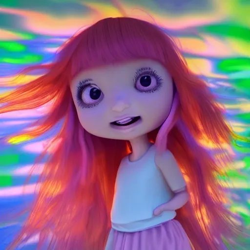 child smile,glowing ,colloid luminescence,full body shot,highly detailed ,delicate picture,cute 3D  have beautiful facial features,long colorfull hair, ,close up, 3D, Trippy, Cartoon, 3D, 