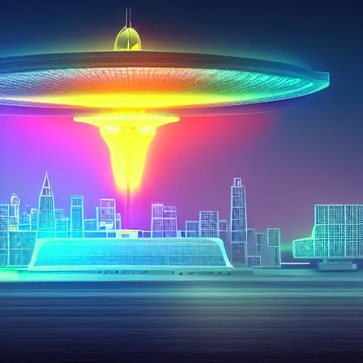 Create a neon-style futuristic illustration showing several mothership-type UFOs flying over the Giza complex in Egypt at dawn. The ships should be large and have bright neon lights that stand out in the dark sky. The Giza complex should be in the foreground and depicted with precise and realistic details. The background should be dark and show a futuristic landscape with tall, technological buildings. Make sure the image has a resolution of 1920 x 1080 pixels and feels exciting and futuristic