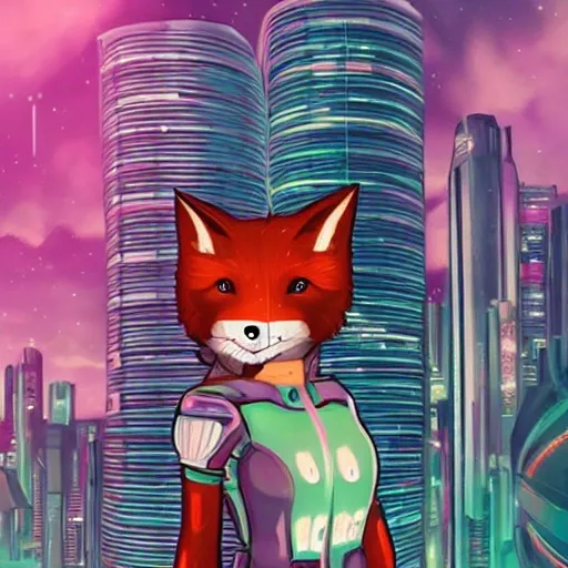  fox 
girl, sci-fi suit, cyberpunk cityscape, Trippy
