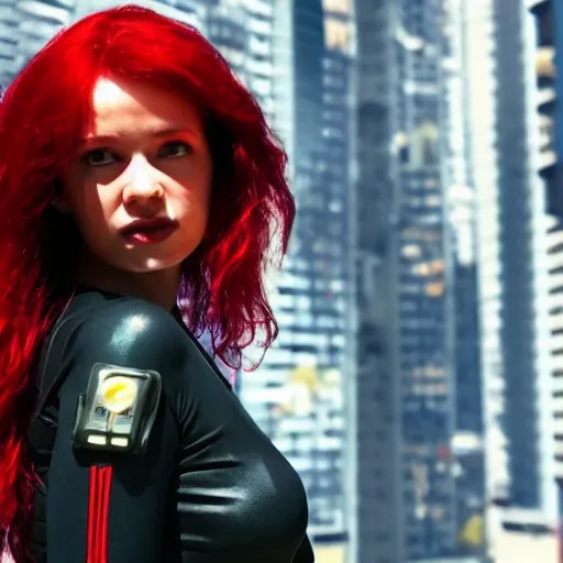 girl, hair red ,
sci-fi suit, cyberpunk cityscape