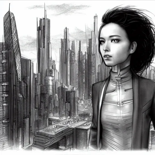 beautiful  ,girl ,
 hair red ,
sci-fi suit, cyberpunk cityscape, Pencil Sketch