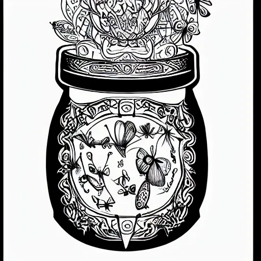 , Pencil Sketch HAND DRAW INSIDE A MAGIC JAR WITH A beautiful lion with his mane decorated 
with flowers butterflies and birds Tattoo drawings, Tattoo stencils, Tattoo outline. BLACK AND WHITE, COLORING BOOK, INSIDE A MAGIC JAR, the jAR is facing full body
