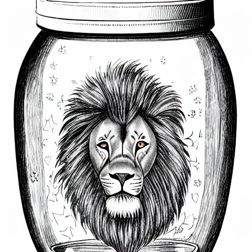 iNSIDE A MAGIC JAR WITH A beautiful lion with his mane decorated 
, Pencil Sketch