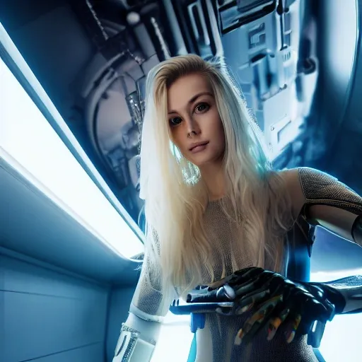 hyperrealistic and intricate detail portrait of beautifull blonde long hair woman, sitting in futuristic cockpit, sci fi armor, looking at camera, cyberpunk, bioluminescent, centered, cinematic, sharp focus, depth of field, cinematic lighting