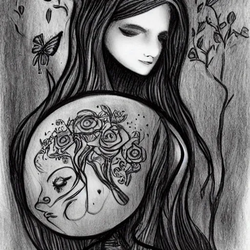 INSIDE A MAGIC JAR, Pencil Sketch, Charcoal beautiful woman inside a magical jar, with her hair decorated by roses, plants, birds and butterflies. The woman must have a dreamy and ethereal expression, INSIDE A MAGIC JAR