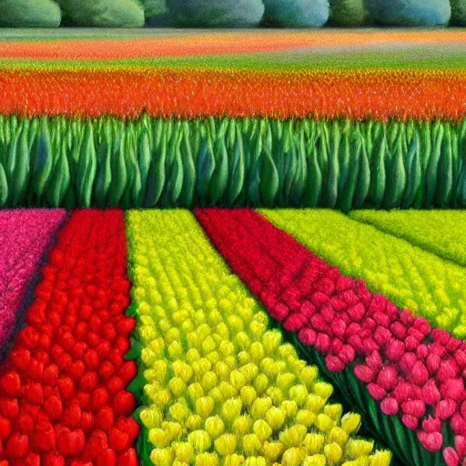 Hyper-realistic field of tulips of different colors in high resolution, vectorized, HD, 8K, Oil Painting