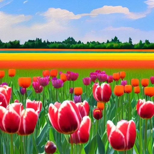 Hyper-realistic field of tulips of different colors in high resolution, vectorized, HD, 8K, Oil Painting, Water Color