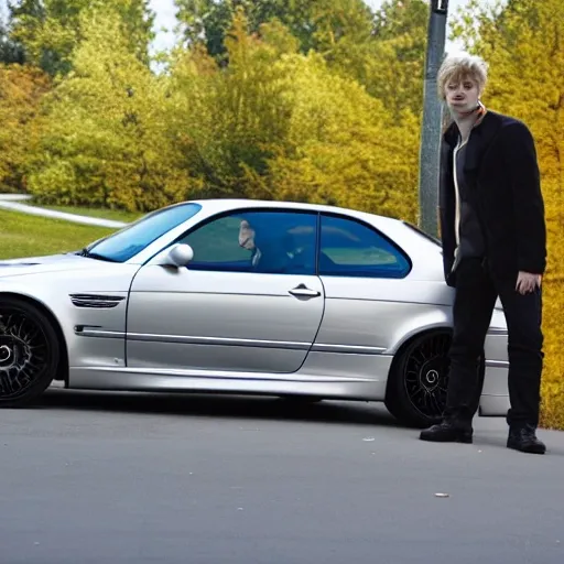 Blonde man leaning on BMW M3 E46