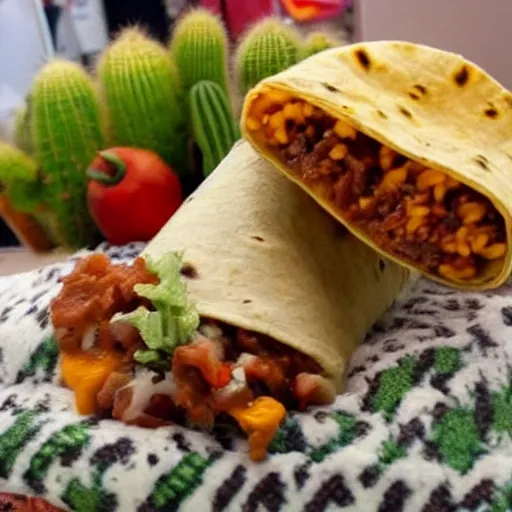 Genera una imagen de una llama vestida de burrito. La llama debe estar usando una camisa y un sombrero de burrito, y sosteniendo un plato de nachos en una mano y una salsa en la otra. El fondo debe tener cactus y un sombrero mexicano en el suelo.