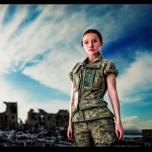 8k, RAW photo, best quality, masterpiece:1.2), (realistic, photo-realistic:1.37), ultra-detailed, 1 girl,cute, solo,beautiful detailed sky,military,  apocaliptic, city ruined