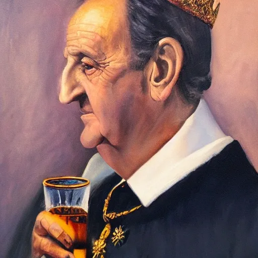 classic oil painting of king Juan Carlos, close up, wearing a crown and a royal cloak, dignity look, slight smile, holding a whiskey on the rocks in one hand, dark background