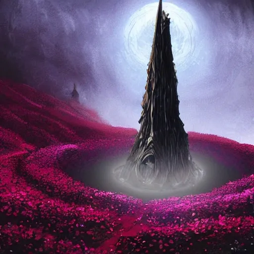 digital art, concept art, detailed illustration of a dark tower center of universes in the middle of a field of roses, with tiny windows in spiral pouring darkness to the ominous sky 