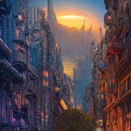 The Year 2050 – Atmospheric, epic, colorful, cinematic, brilliant, stunning, intricate, meticulously detailed, dramatic, maximalist, digital matte painting by Mark Brooks and Dan Mumford, comic book art, perfect, 8K resolution, honeypunk, steampunk engine, no text, no graffiti