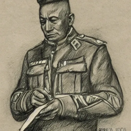 Un general militar del siglo XIX  participante de las guerras civiles de Colombia escribiendo una carta 
, Pencil Sketch