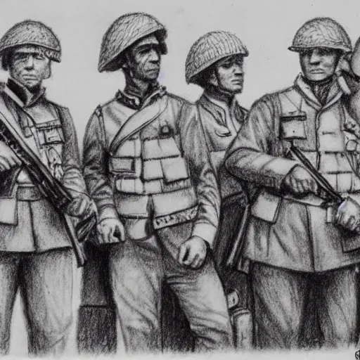 Un grupo de soldados del siglo XIX que participan en una guerra civil en Colombia, Pencil Sketch