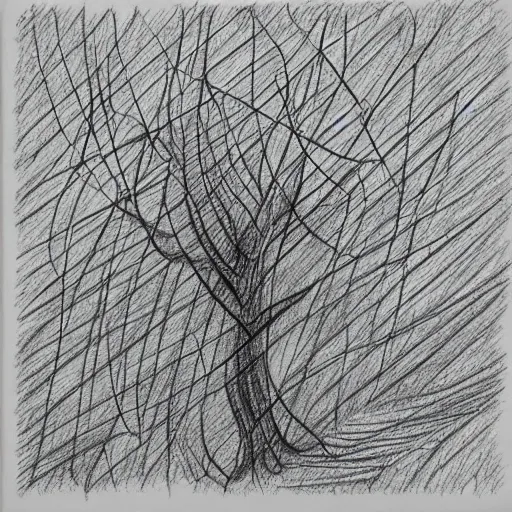 transcendental geometry, tree squares with interlinked lines, Pencil Sketch,
