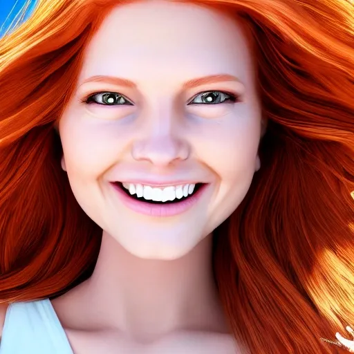 a hyper realistic full body photo of a extremely pretty redheaded girl, looking at the camera, smiling, well detailed and proper face and eyes, curvaceous, super detailed, 4k, realistic shading, younger and with more defined features, with a beach background and natural realistic lighting