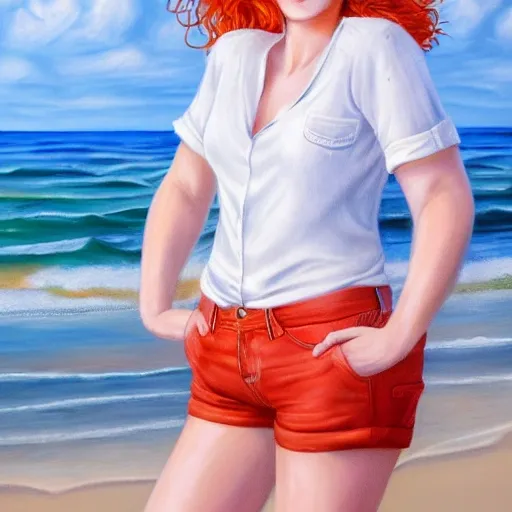 a hyper realistic full body photo of a extremely pretty redheaded girl, looking at the camera, smiling, well detailed and proper face and eyes, curvaceous,tight white shirt, blush,tight denim shorts, super detailed, 4k, realistic shading, younger and with more defined features, with a beach background and natural realistic lighting