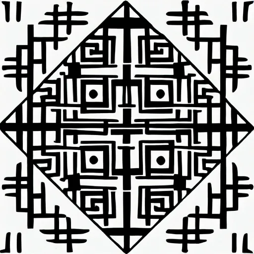 Interlocked squares joined by lines, straight, a total of 4 large squares, black and white, transcendent geometry, symmetry, and figures.