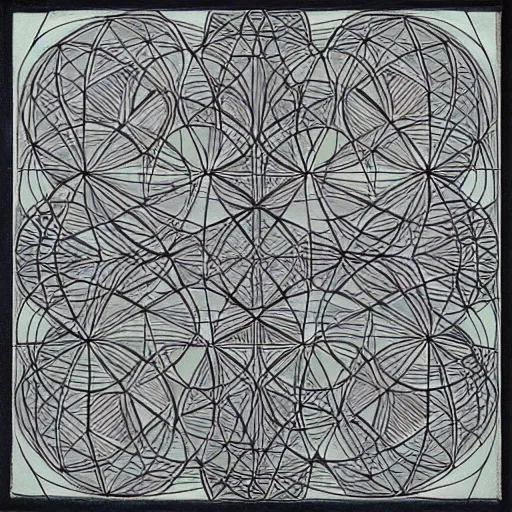 transcendental geometry, four squares with interlinked lines, Pencil Sketch,
