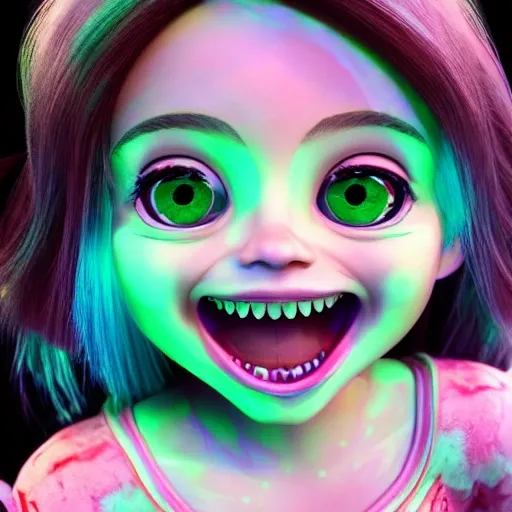 child smile,glowing ,colloid luminescence,full body shot,highly detailed ,delicate picture,cute 3D  have beautiful facial features,eyes perfects, long color full hair, ,close up, 3D, Trippy, Cartoon, 3D, , 3D