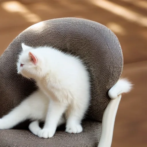 A furry white kitten sleeping soundly on a chair，soak up the sun ,Cartoon