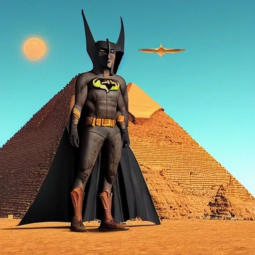 Western Batman with dinosaur skin and Martian antennae standing on Egyptian pyramid