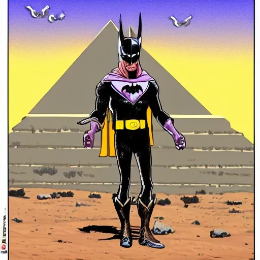 Western Batman with dinosaur skin and Martian antennae standing on Egyptian pyramid