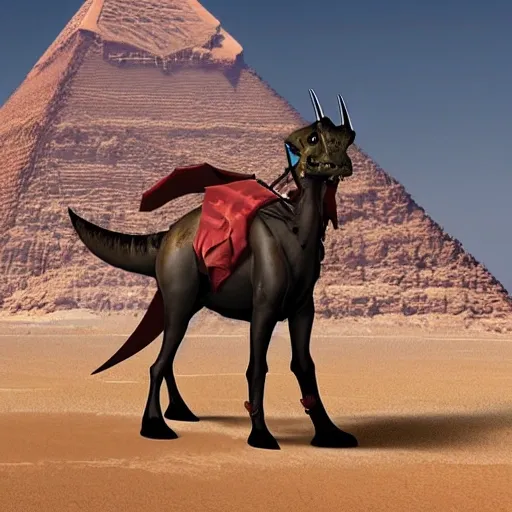 Western Batman with dinosaur skin and Martian antennae standing on Egyptian pyramid