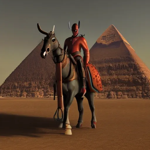 Western Batman with dinosaur skin and Martian antennae standing on Egyptian pyramid