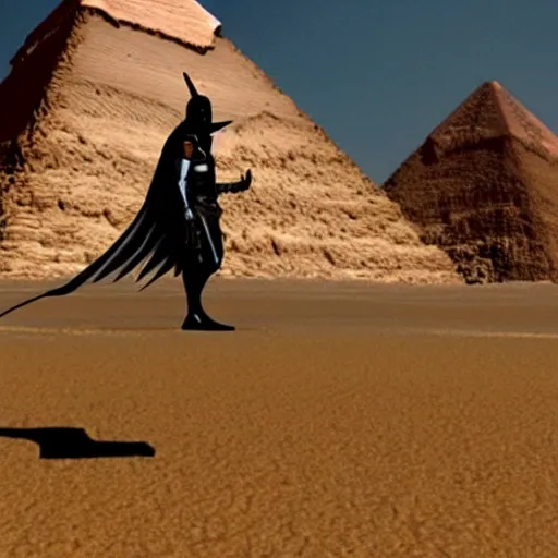 Western Batman with dinosaur skin and Martian antennae standing on Egyptian pyramid