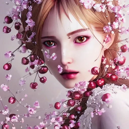 the portrait of the absurdly beautiful, graceful, elegant, gorgeous, fashionable photorealistic anime european woman made of cherries and white petals with tears, an ultrafine hyperrealistic illustration by kim jung gi, irakli nadar, intricate linework, bright colors, octopath traveler, final fantasy, unreal engine highly rendered, global illumination, radiant light, intricate environment
