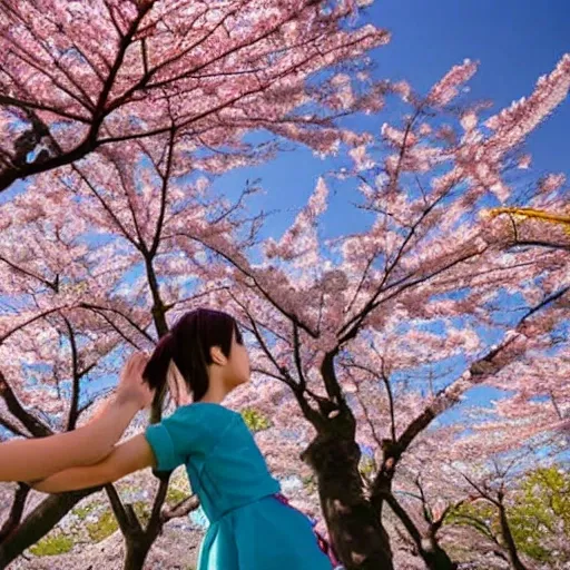 Under the cherry blossom trees in Japan, the petals of the cherry blossoms are falling with the wind, the girl is holding the hand of the boy, the anime-like sky, the portrait is realistic and graceful,