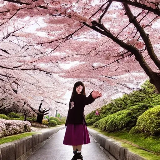 Under the cherry blossom trees in Japan, the petals of the cherry blossoms are falling with the wind, the girl is holding the hand of the boy, the anime-like sky, the portrait is realistic and graceful,