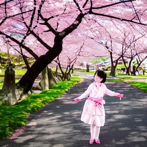 Under the cherry blossom trees in Japan, the petals of the cherry blossoms are falling with the wind, the girl is holding the hand of the boy, the anime-like sky, the portrait is realistic and graceful,