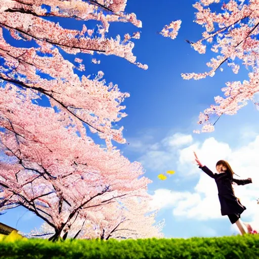 Under the cherry blossom trees in Japan, the petals of the cherry blossoms are falling with the wind, the girl is holding the hand of the boy, the anime-like sky, the portrait is realistic and graceful, intricate environment，