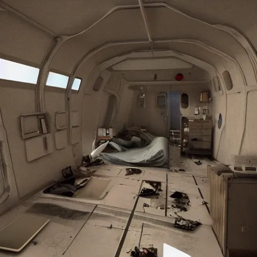 Generate an image of a living quarters on a spaceship, with destroyed bunks and personal belongings scattered across the room. The scene should be filled with a sense of loss and tragedy as visitors imagine the lives that were lost in the battle
