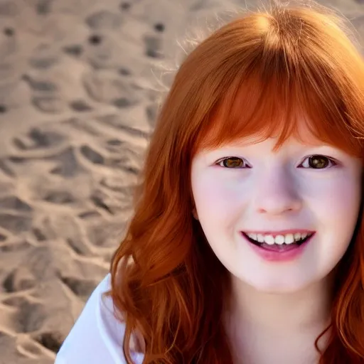 realistic portrait , hyper realistic full body photo of a innocent , extremely pretty redheaded girl, looking at the camera, smiling,extremely detailed and proper face and eyes, curvaceous,tight white shirt, blush,tight denim shorts, super detailed, 4k, realistic shading, young ,  more defined features, with a realistic beach background and natural realistic lighting