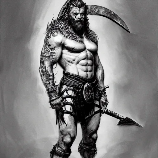 portrait full body male viking with blond bear and blue tribal tattoos in neck and arms and with an axe muscled body painting by gaston bussiere, greg rutkowski, yoji shinkawa, yoshitaka amano, tsutomu nihei, donato giancola, tim hildebrandt, oil on canvas, trending on artstation, featured on pixiv, cinematic composition, extreme detail, metahuman creator ,(best quality:1.4), ((masterpiece)),((realistic)), (detailed), Negative prompt: paintings, sketches, (worst quality:2.0),(normal quality:2.0), (low quality:2.0), lowres, ((monochrome)), ((grayscale))(monochrome:1.1), (shota:1.5), ((disfigured)), ((bad art)),((NSFW)), bad-hands-5, Steps: 20, Sampler: DDIM, CFG scale: 7, Seed: 4141018083, Size: 512x768, Model hash: 32c4949218, Model: V08_V08, Denoising strength: 0.5, ENSD: 31337, Hires upscale: 2, Hires steps: 20, Hires upscaler: 4x-UltraSharp