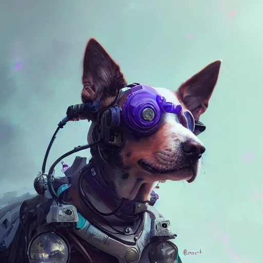 a beautiful portrait of a cute cyberpunk dog by greg rutkowski and wlop, purple blue color scheme, high key lighting, digital art, highly detailed, fine detail, intricate, ornate, complex 